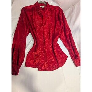 Allison Smith Red Floral Jacquard High Neck Long Sleeve Button-Front Blouse 12